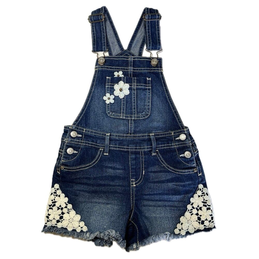 Jordache Girls' White Crochet Lace Trim Frayed Denim Shortall Overalls XS